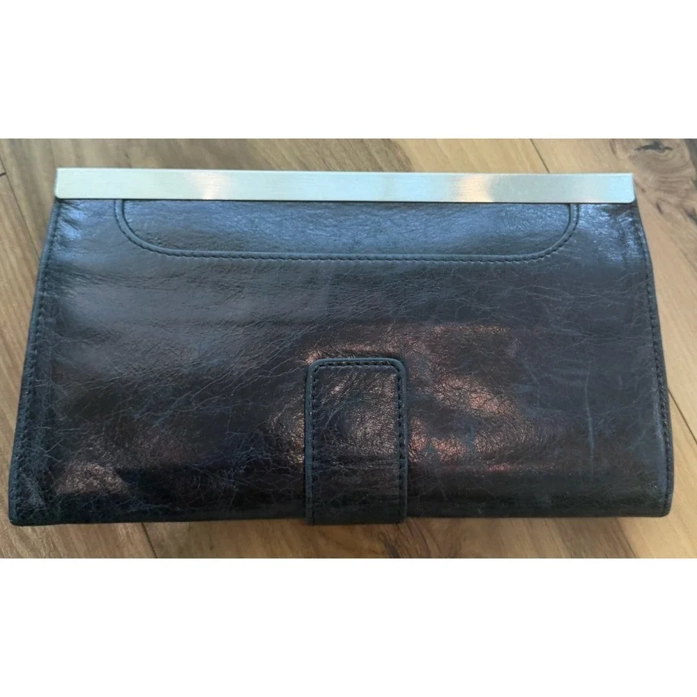 Hobo International Black Leather Clutch Wallet Organizer Silver Frame Large‎
